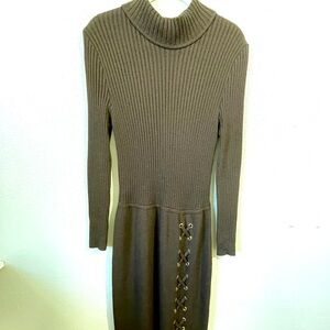 St John Collection Santana Knit Dress Brown LaceUp Grommet Midi Long Sleeve Sz 8